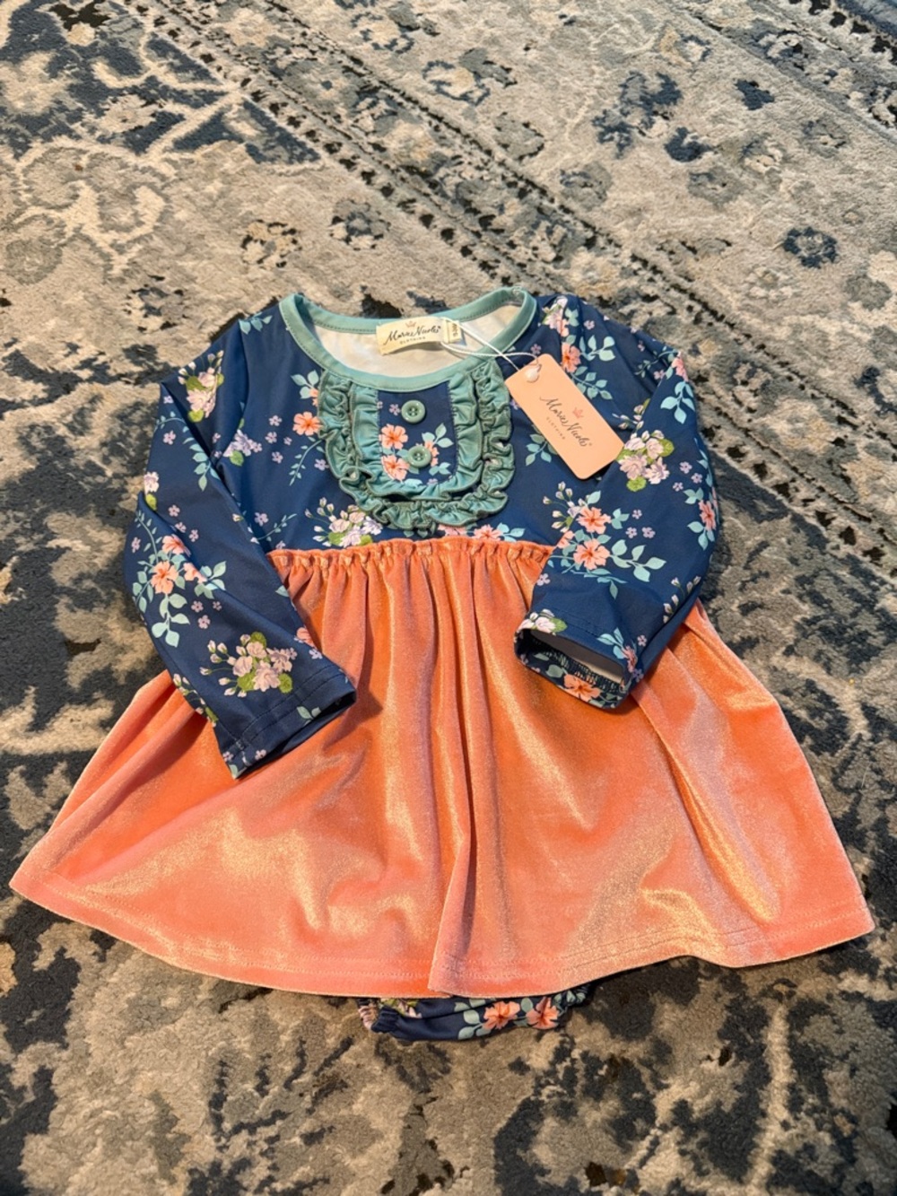 NWT Marie Nicole Girls' Navy Floral and Peach Ruffle-Trim Dress